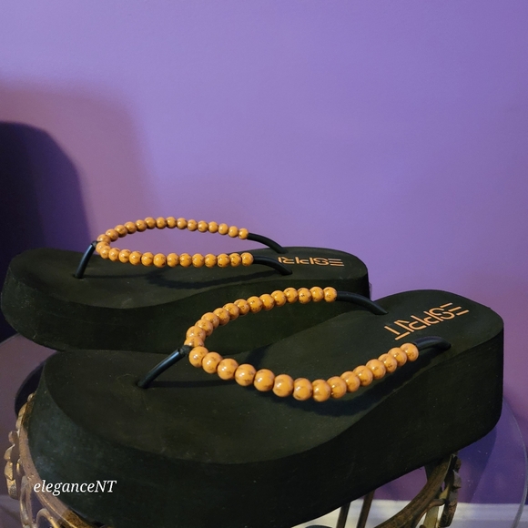 ESPIRIT Vintage Y2K  Beach Tai Chi Beaded Platform Flip Flops Sz: L (9-10) - Picture 2 of 8